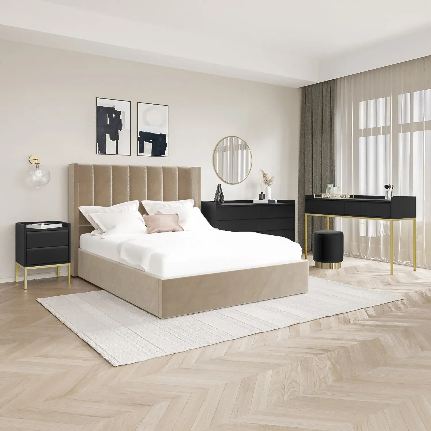 2-Drawer Bedside Table with Gold Legs - Black, MDF