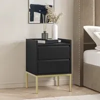 2-Drawer Bedside Table with Gold Legs - Black, MDF