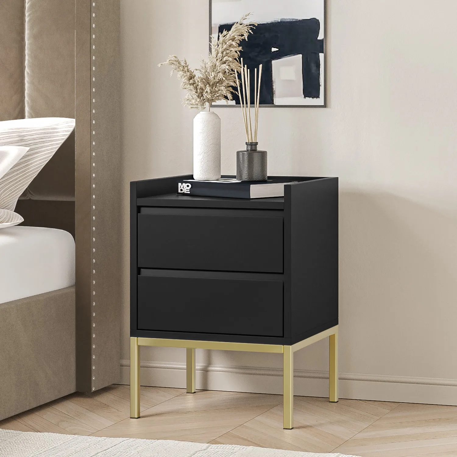 2-Drawer Bedside Table with Gold Legs - Black, MDF image