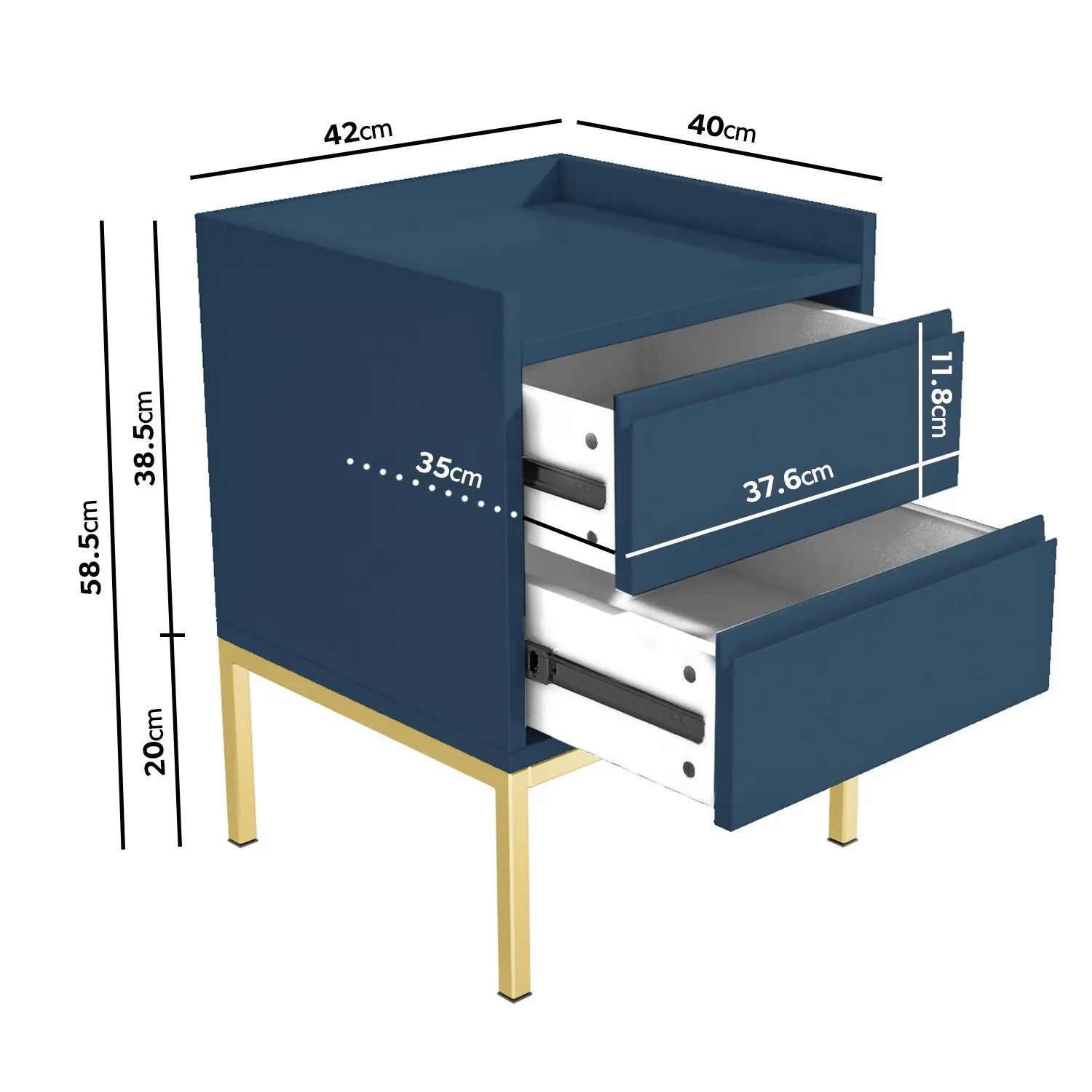 2-Drawer Bedside Table with Gold Legs - Blue, MDF