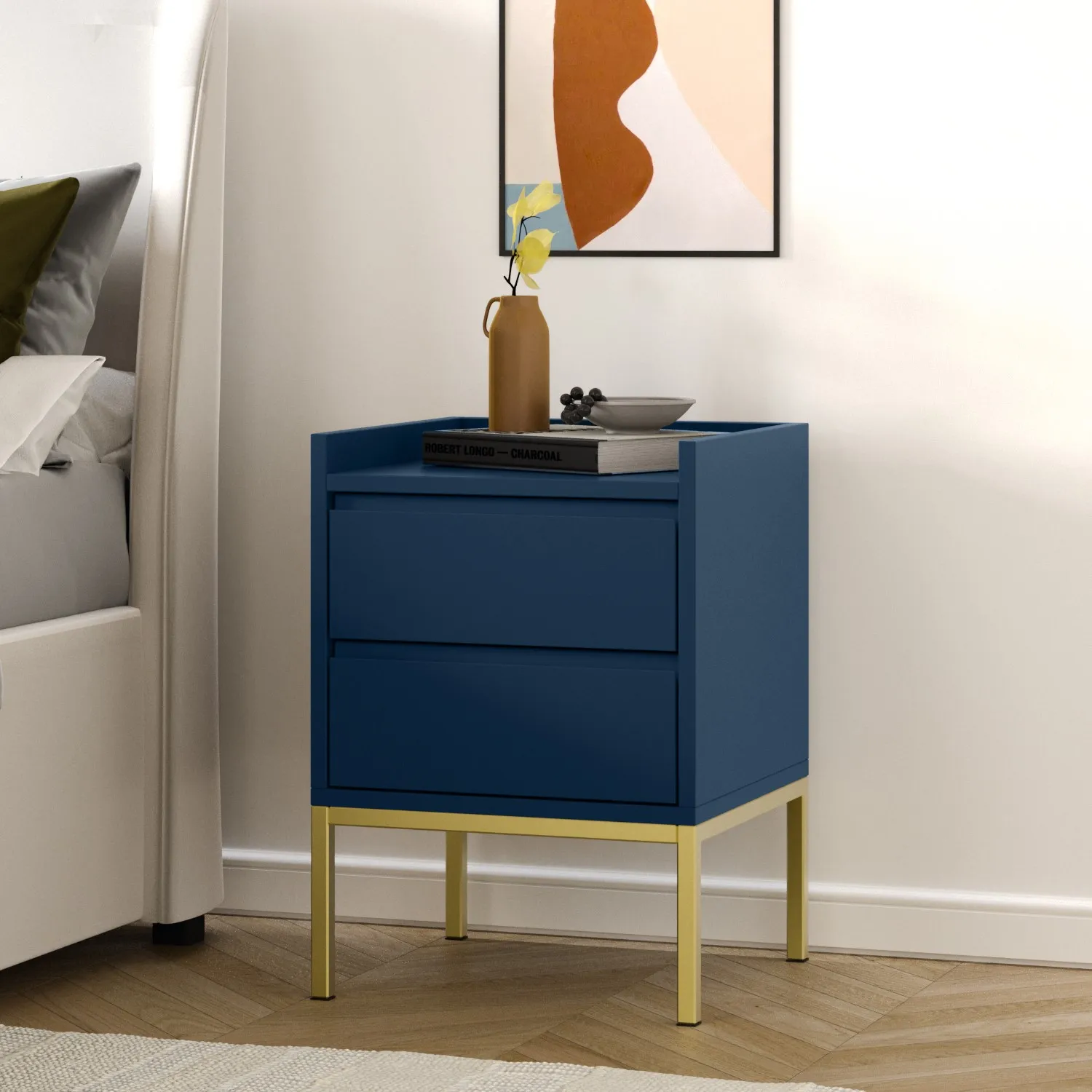 2-Drawer Bedside Table with Gold Legs - Blue, MDF image
