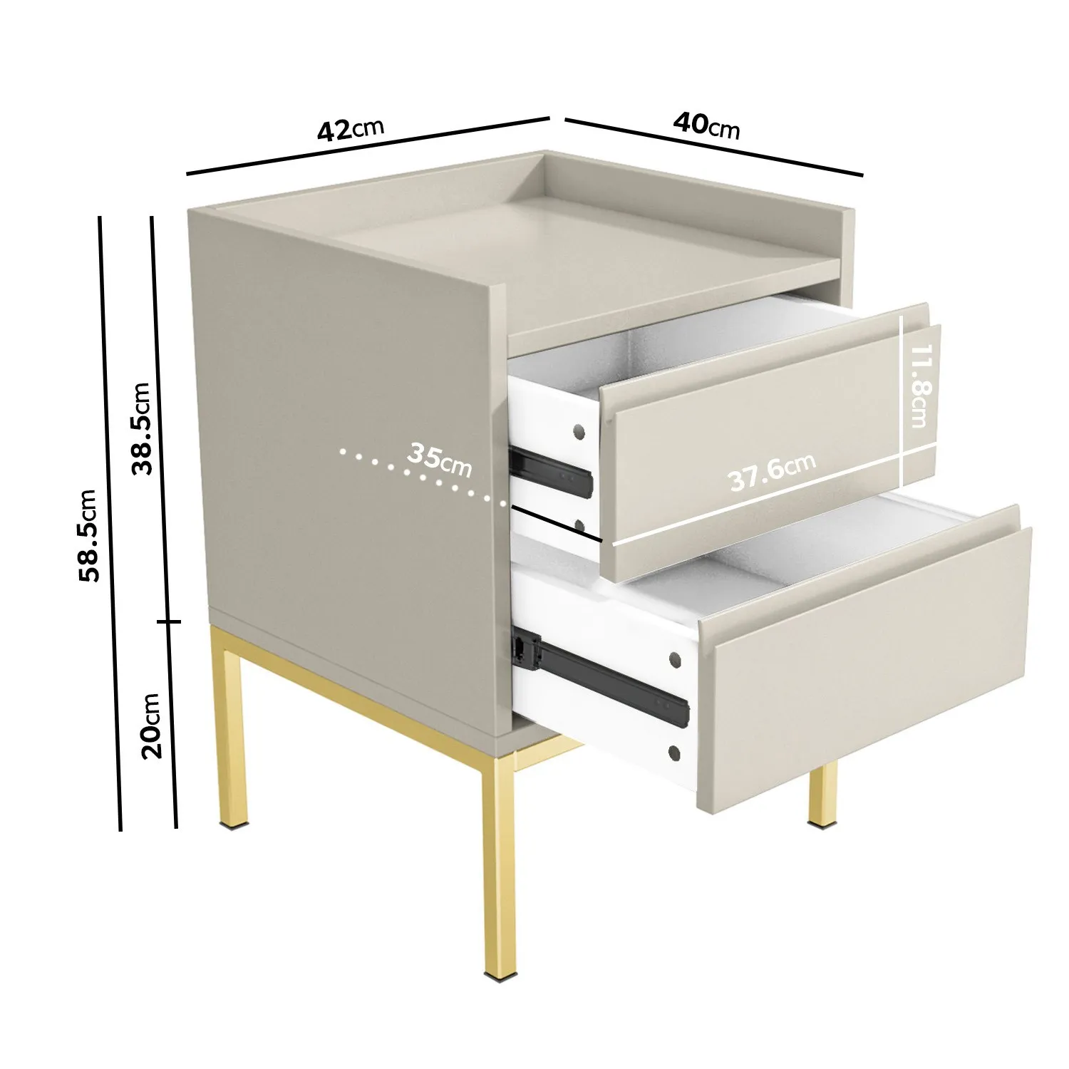 2-Drawer Bedside Table with Gold Legs - Grey, MDF