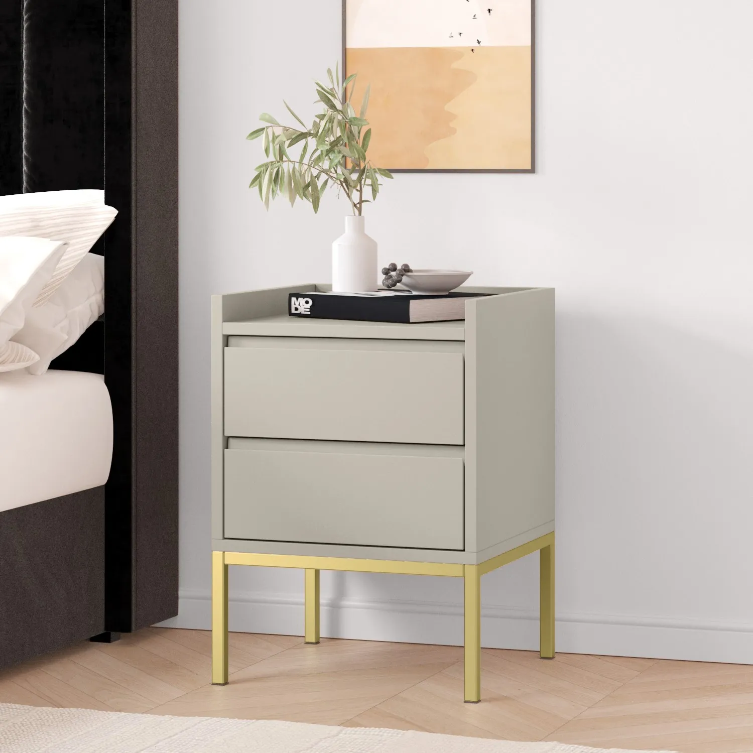 2-Drawer Bedside Table with Gold Legs - Grey, MDF