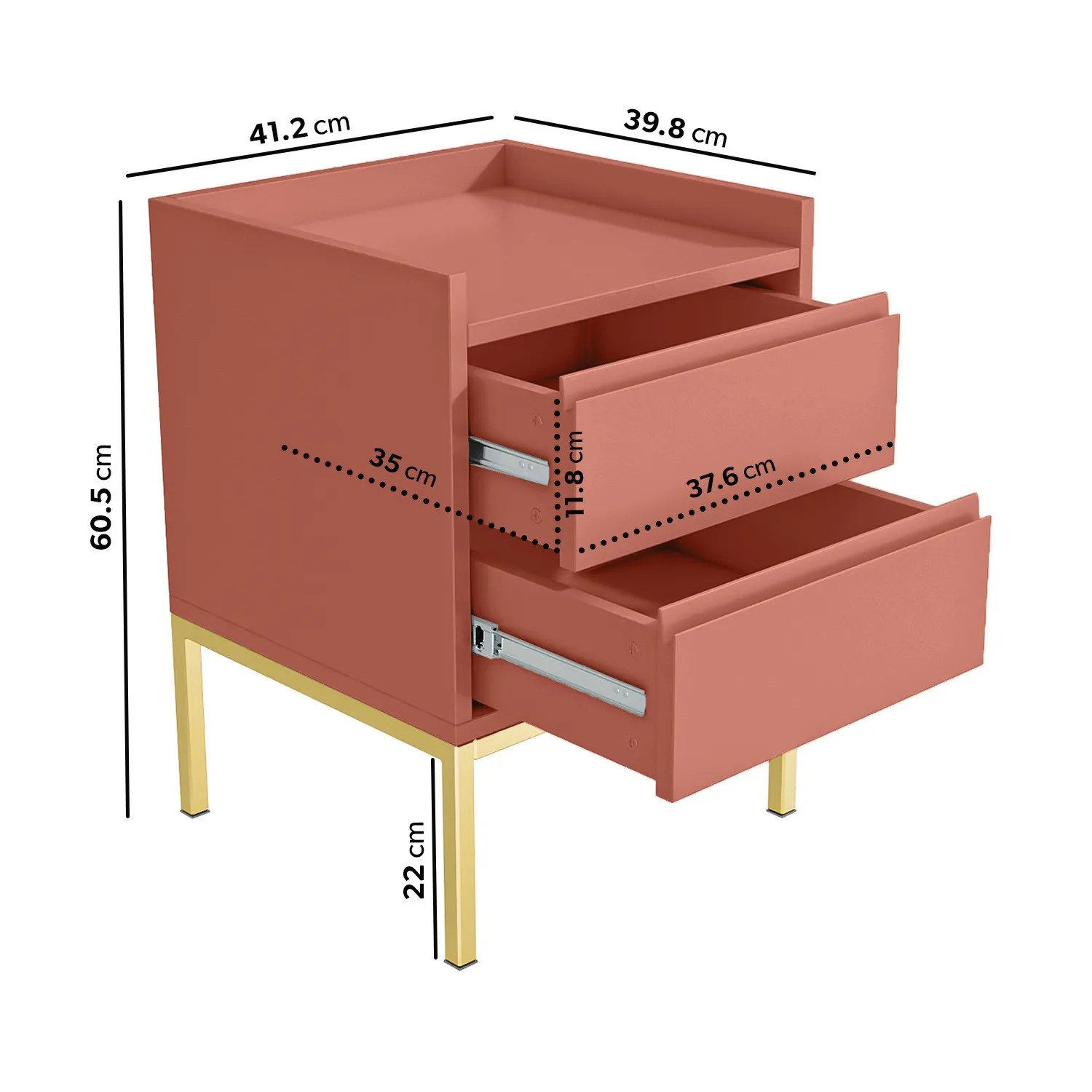 2-Drawer Bedside Table with Gold Legs - Red, MDF