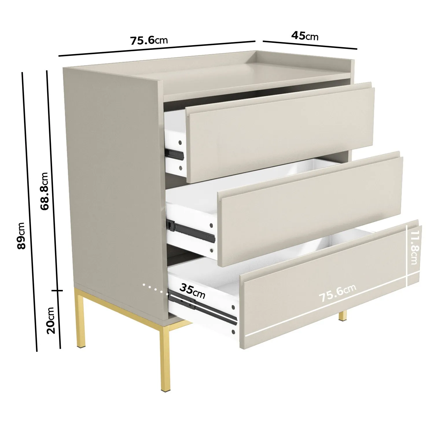 3-Drawer Chest with Gold Legs - Taupe, MDF