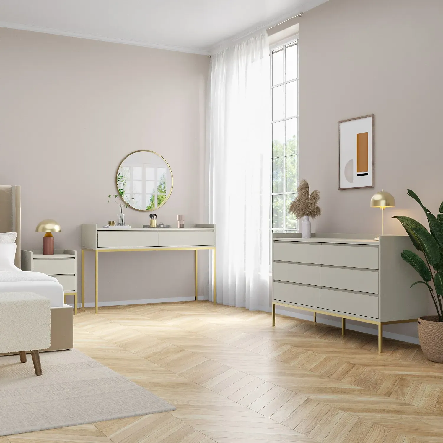 3-Drawer Chest with Gold Legs - Taupe, MDF