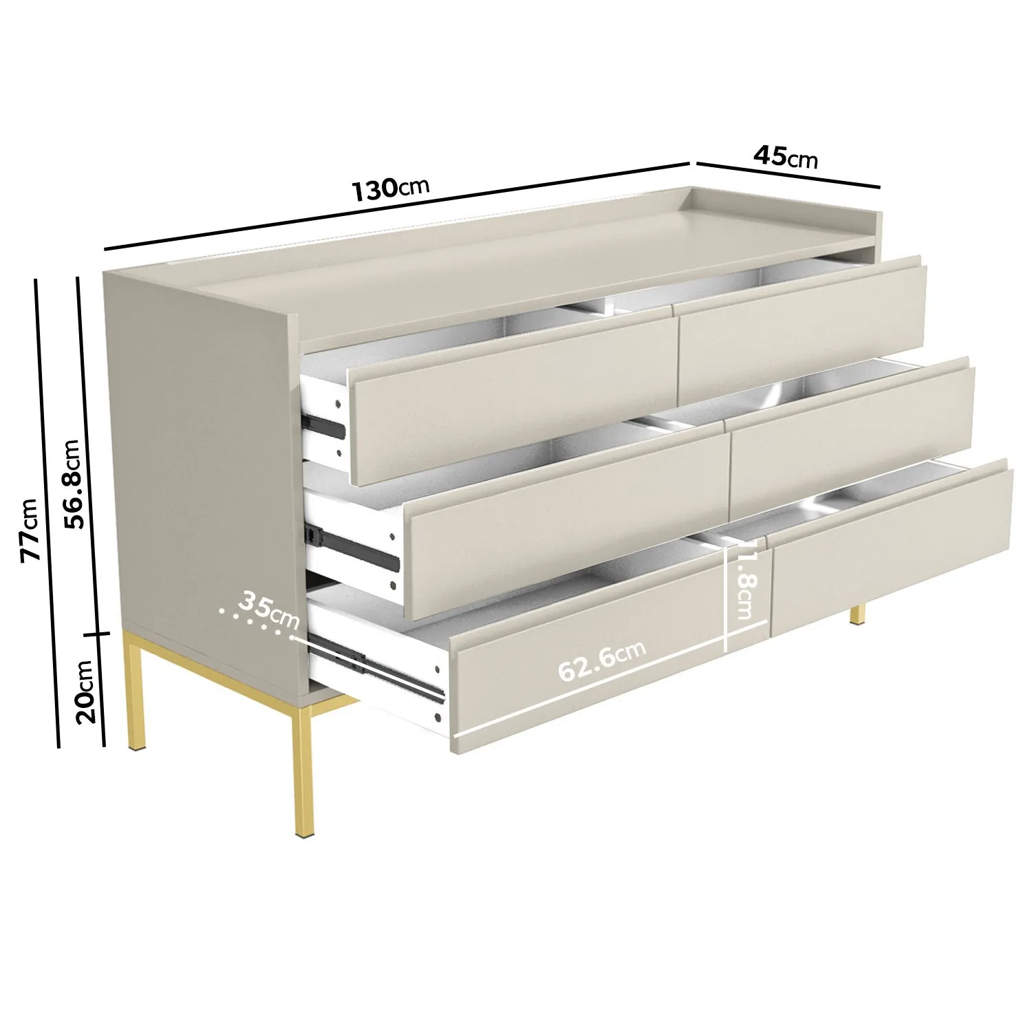 6-Drawer Wide Chest of Drawers - Taupe, MDF