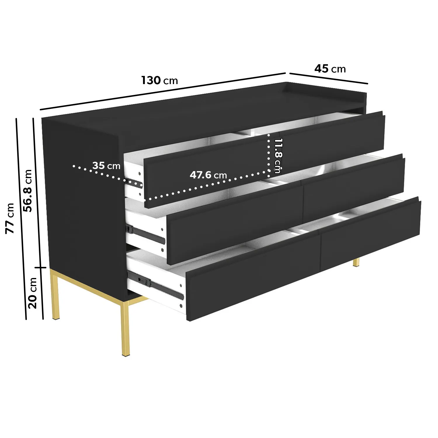 Wide 6-Drawer Chest with Gold Legs - Black, MDF