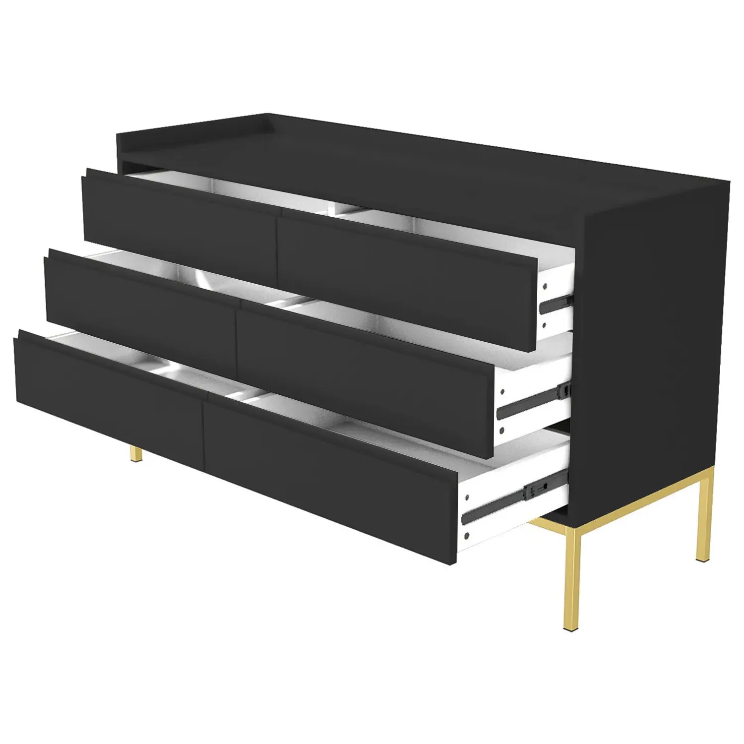 Wide 6-Drawer Chest with Gold Legs - Black, MDF
