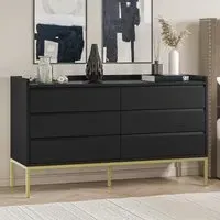 Wide 6-Drawer Chest with Gold Legs - Black, MDF