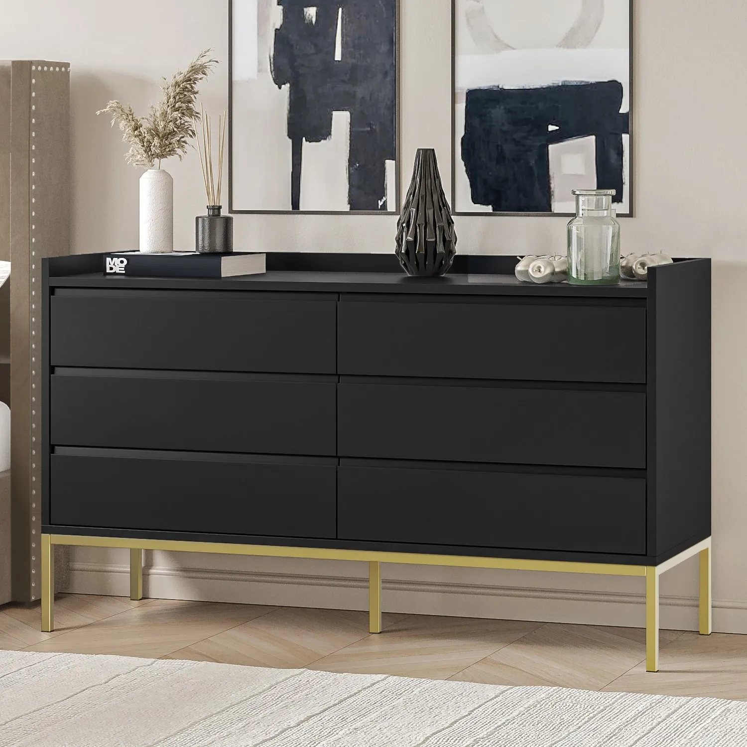 Wide 6-Drawer Chest with Gold Legs - Black, MDF