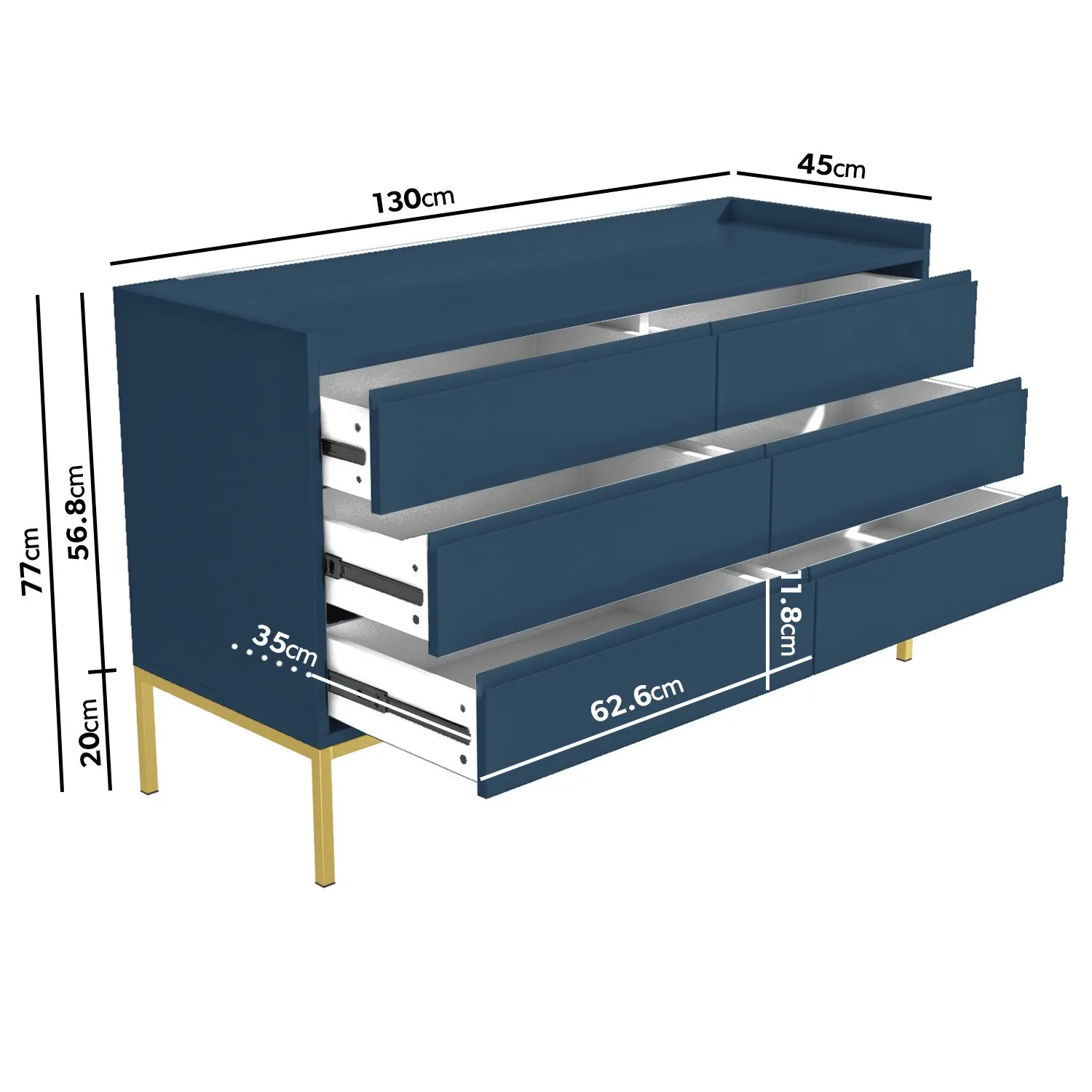 Wide 6-Drawer Chest with Gold Legs - Navy, MDF