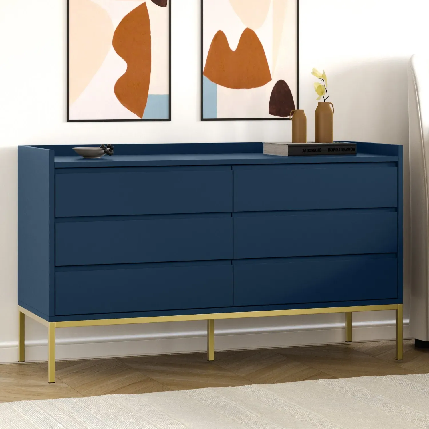 Wide 6-Drawer Chest with Gold Legs - Navy, MDF image