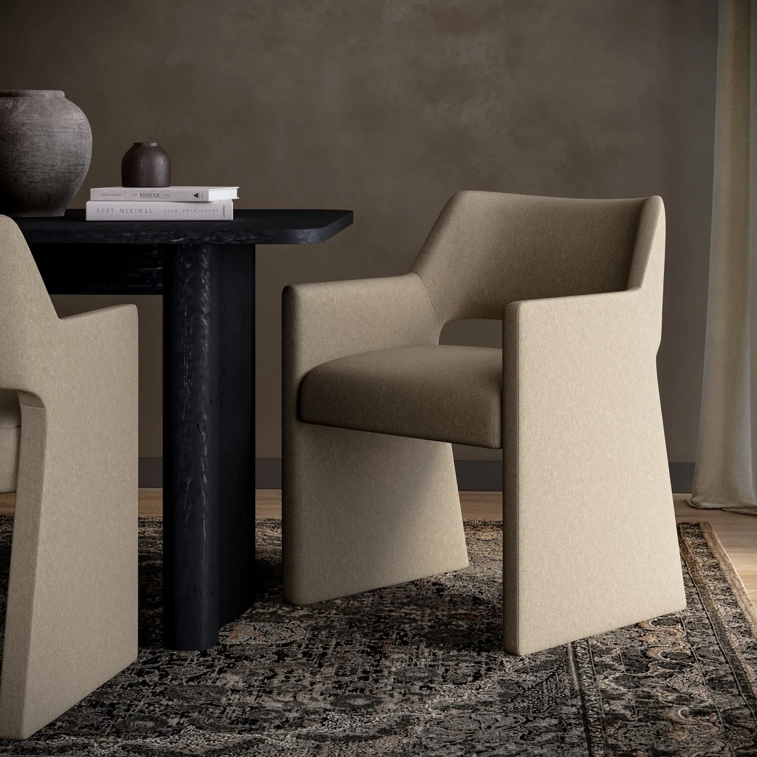 Upholstered Dining Chair with Arms - Beige, Chenille image