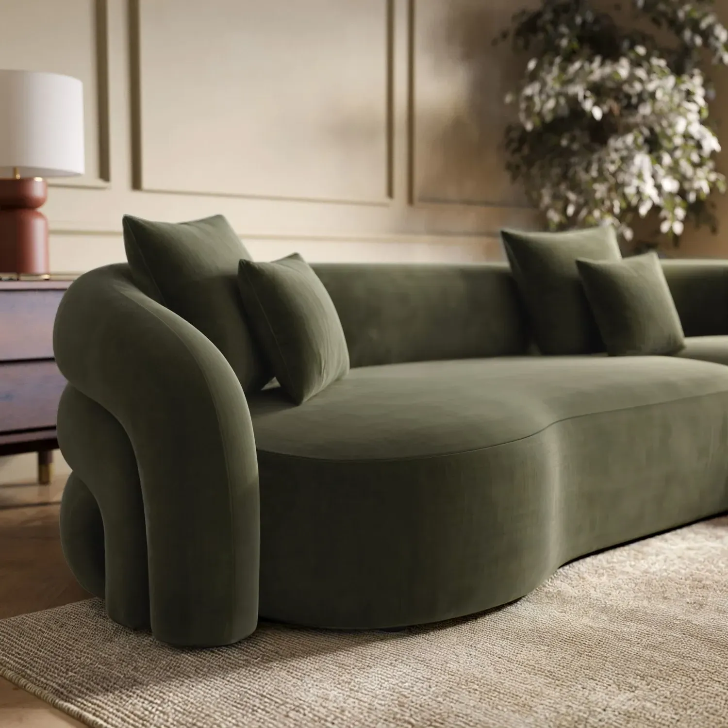 4-Seater Curved Corner Sofa LHF - Green, Velvet