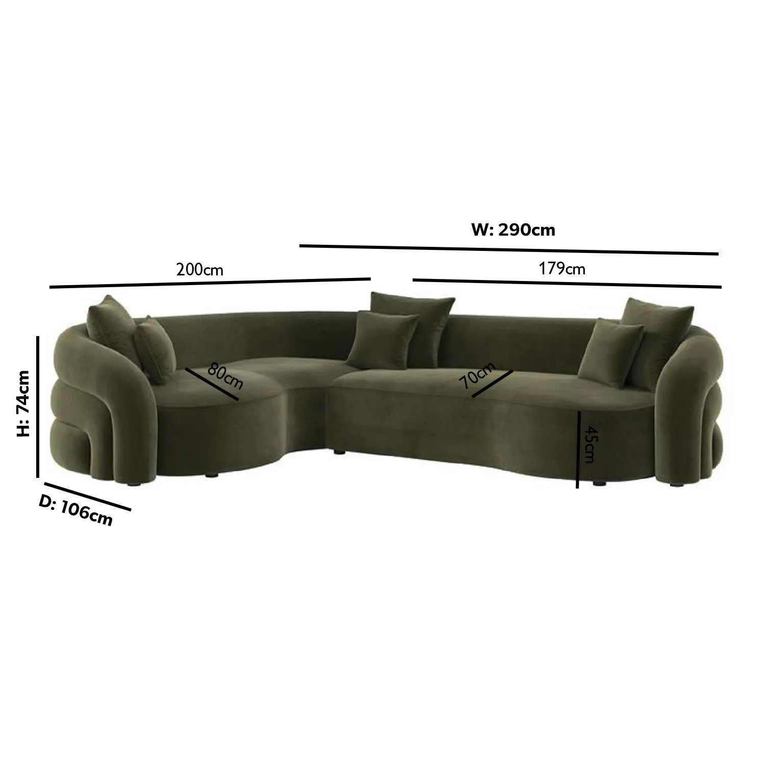 4-Seater Curved Corner Sofa LHF - Green, Velvet