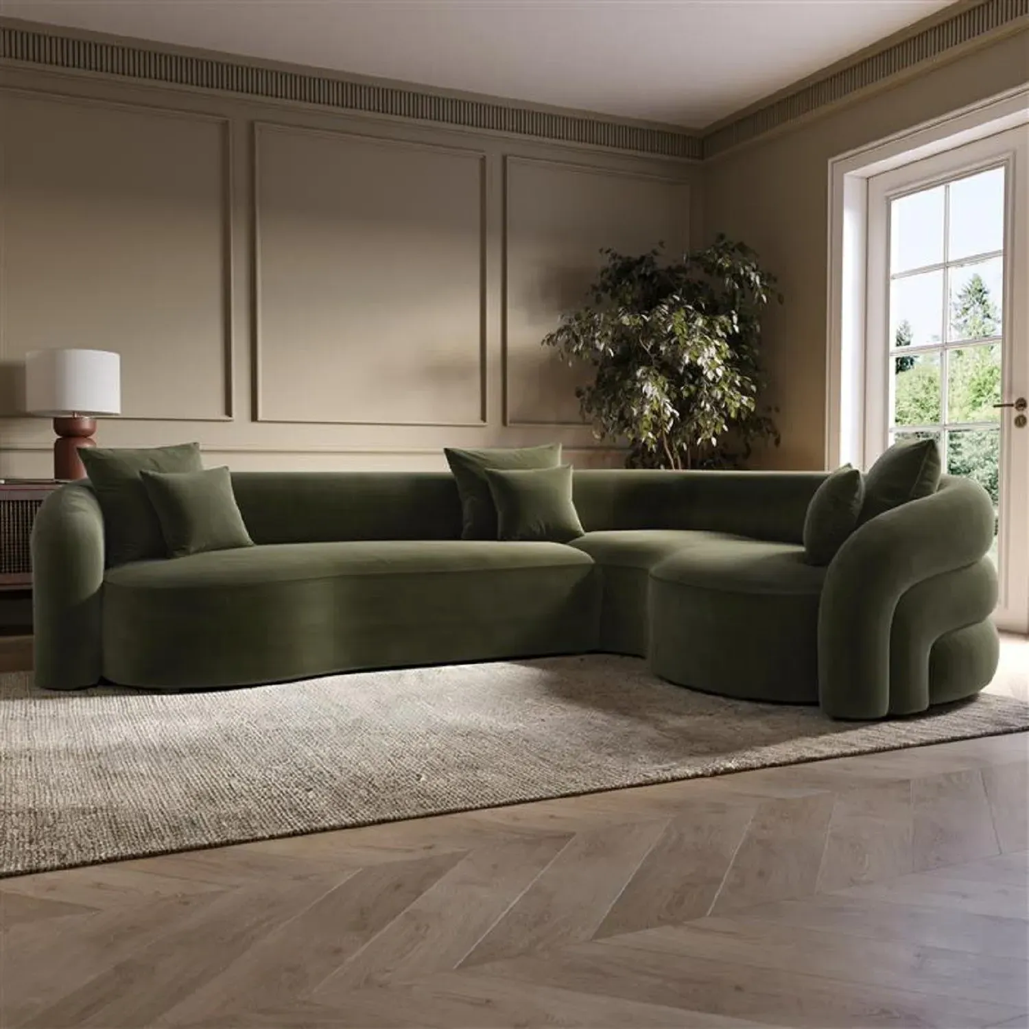 4-Seater Curved Corner Sofa LHF - Green, Velvet image