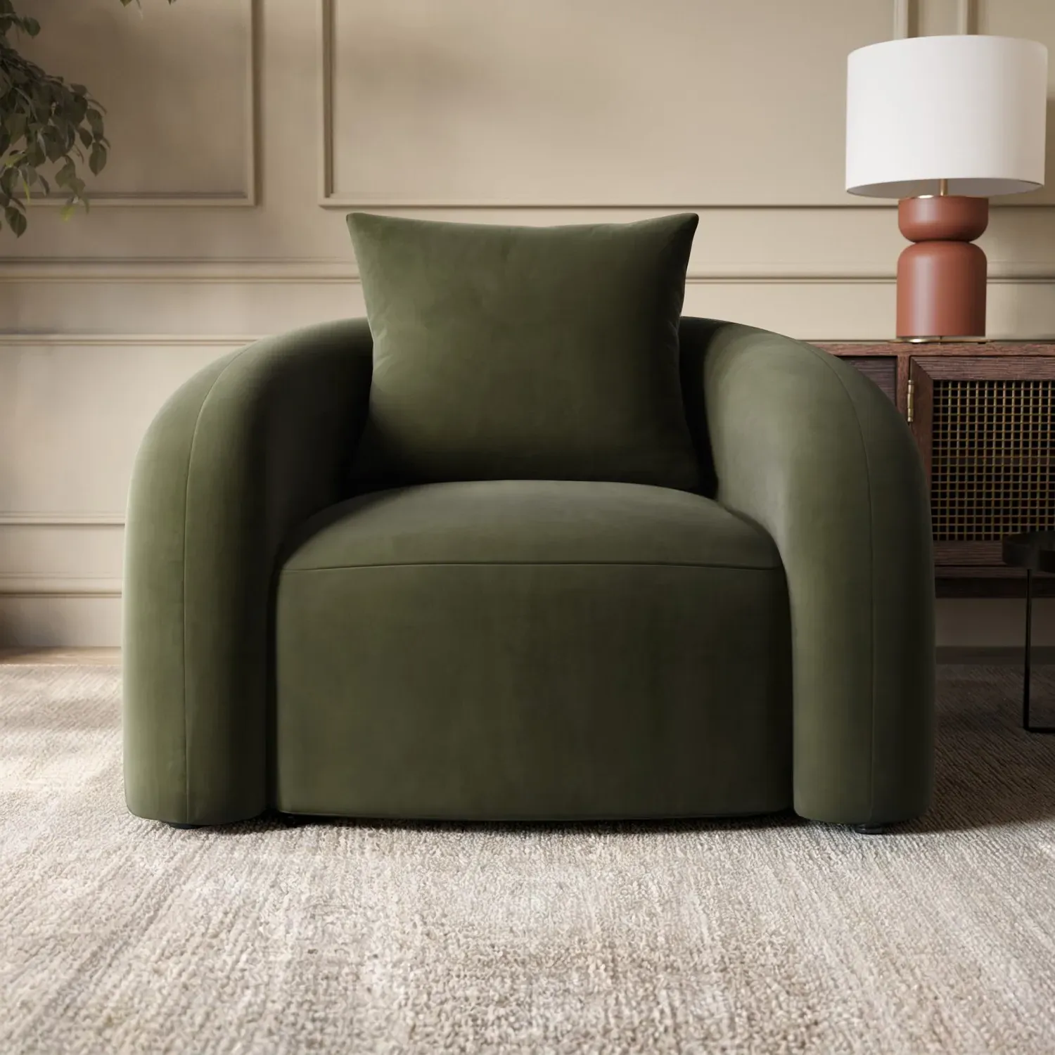 Curved Armchair with Cushion - Green, Velvet