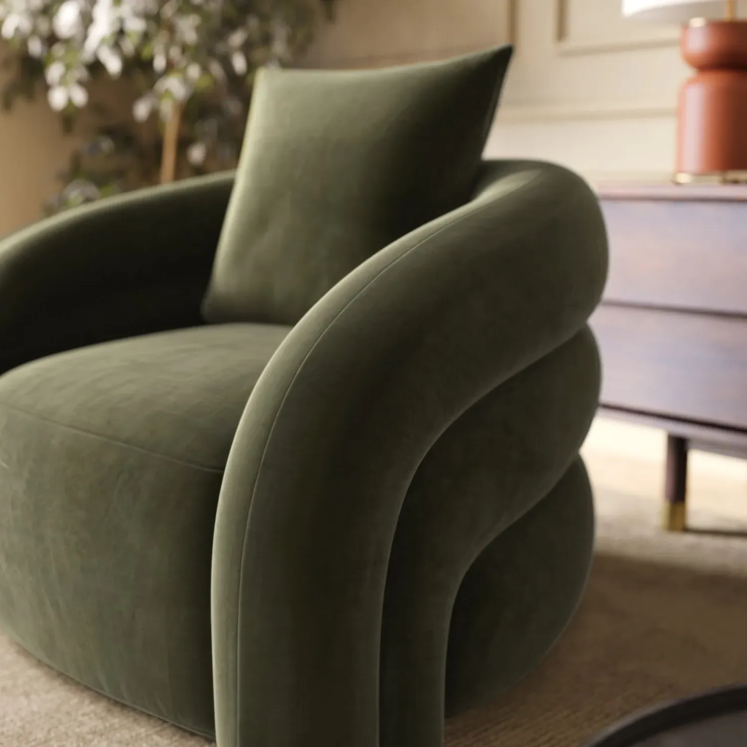 Curved Armchair with Cushion - Green, Velvet
