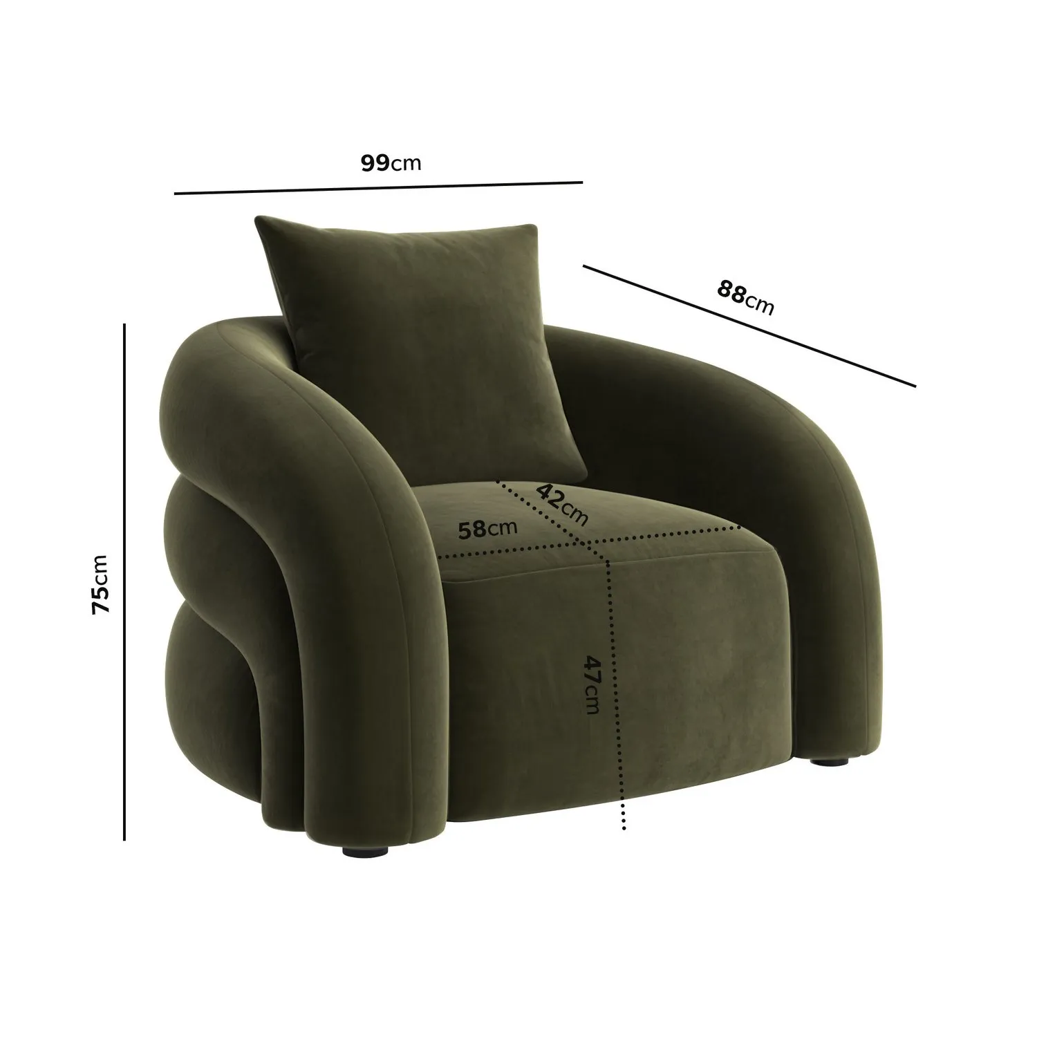 Curved Armchair with Cushion - Green, Velvet