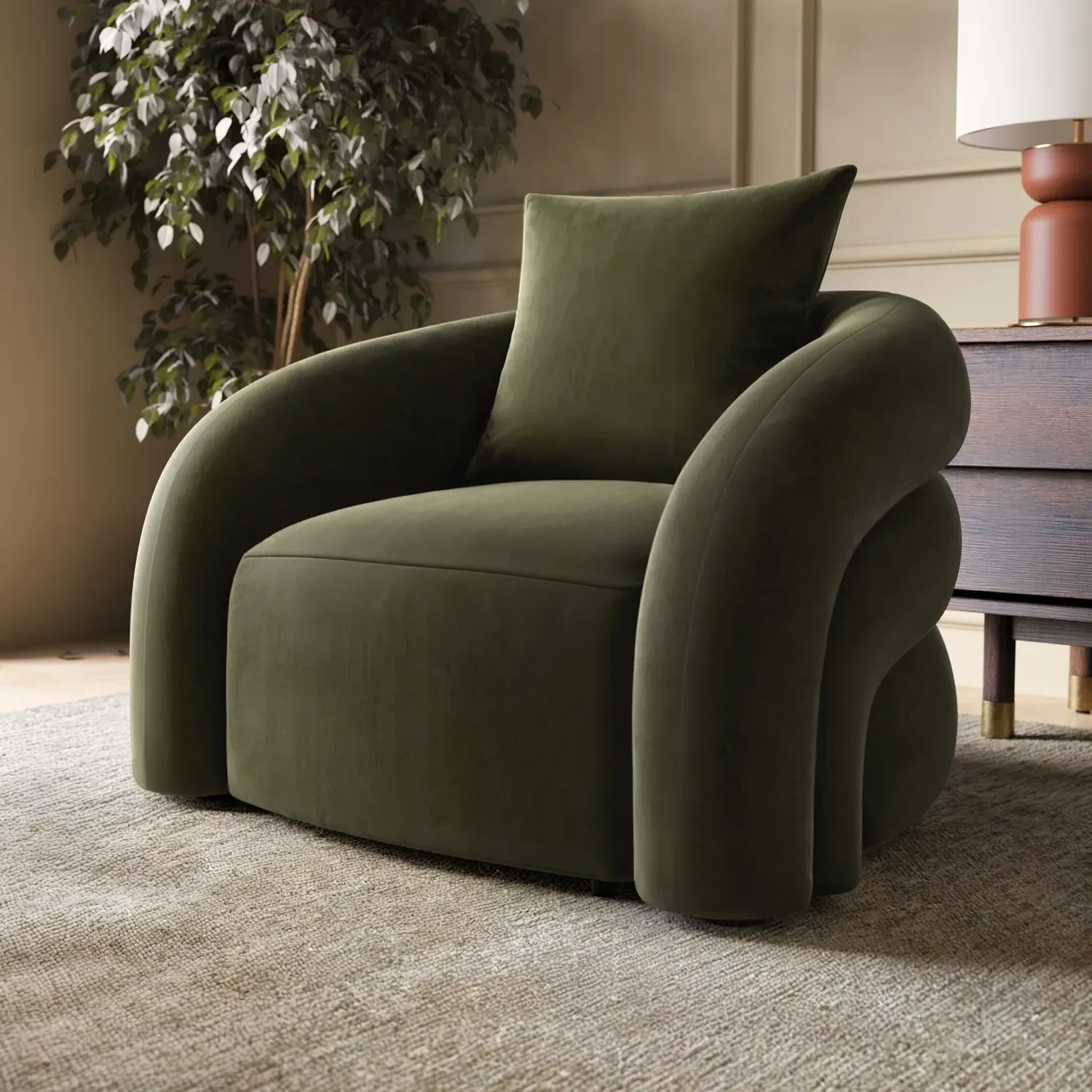 Curved Armchair with Cushion - Green, Velvet image