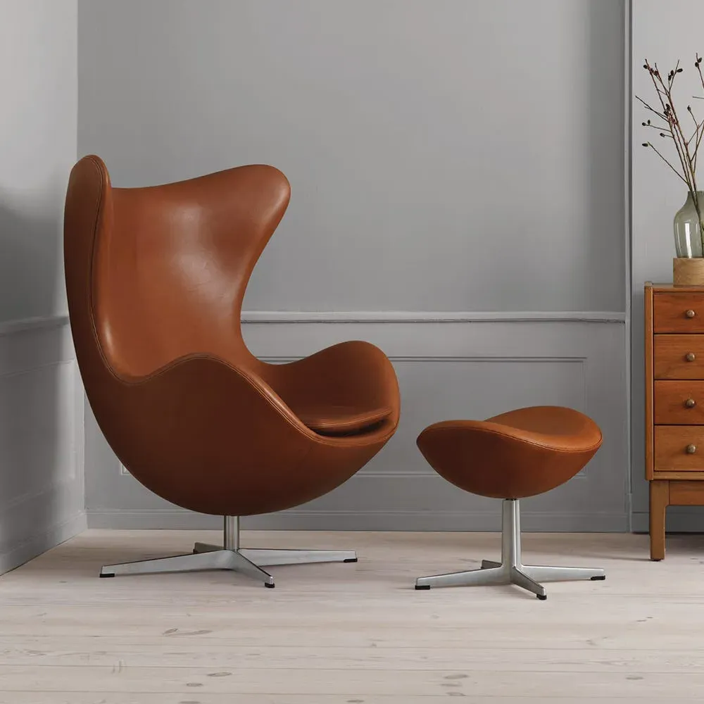 Egg Footstool with Aluminium Legs - Camel, Leather
