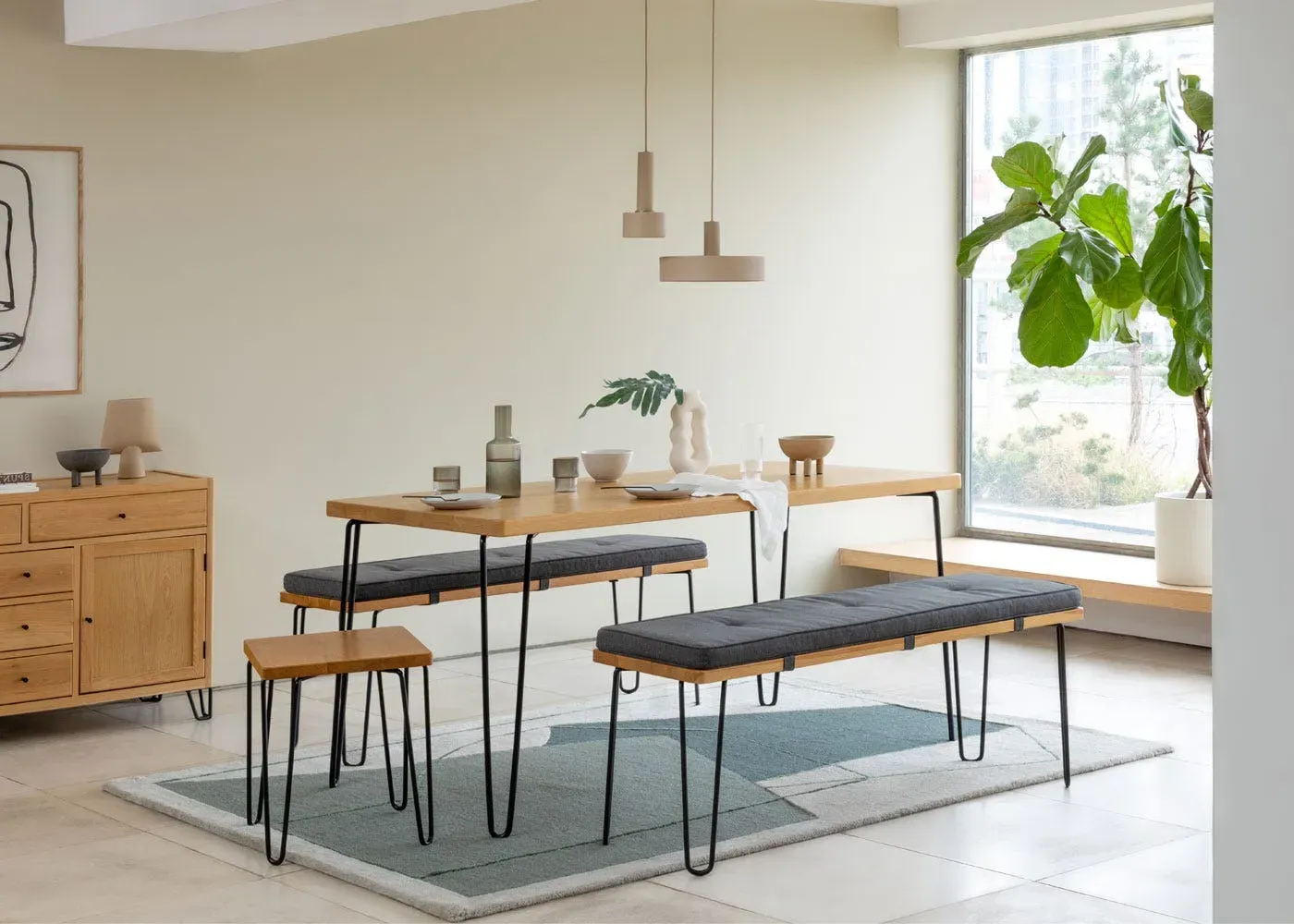 Bench with Metal Legs - Light Wood, Oak