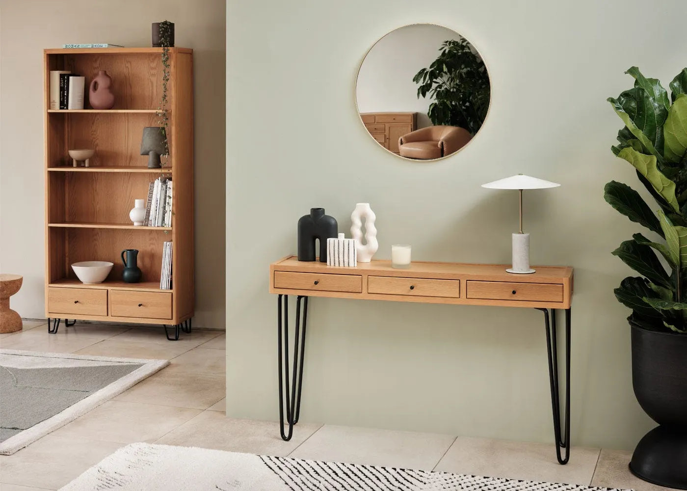 Console Table with 3 Drawers - Light Wood, Oak