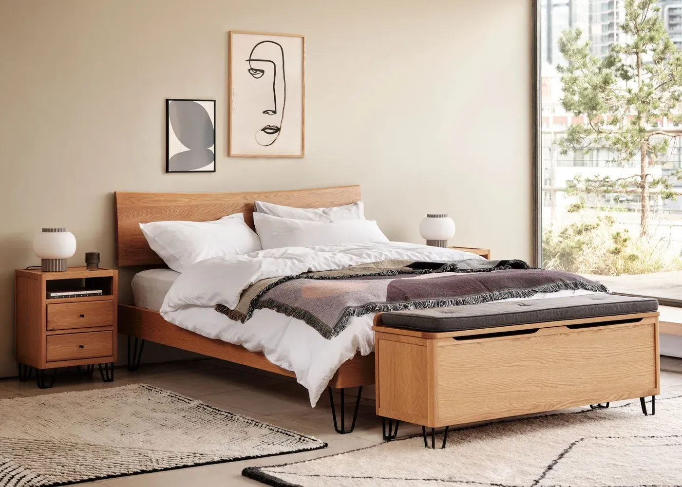 Double Bed with Headboard - Light Wood, Oak