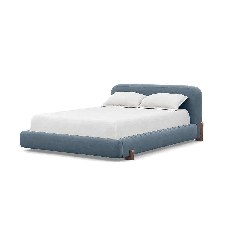 King Bed with Oak Feet - Blue, Linen-Cotton
