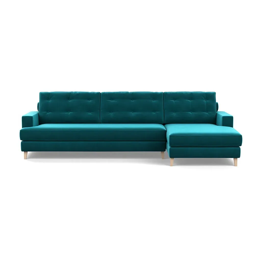 L-Shaped Corner Sofa with Chaise - Blue, Velvet