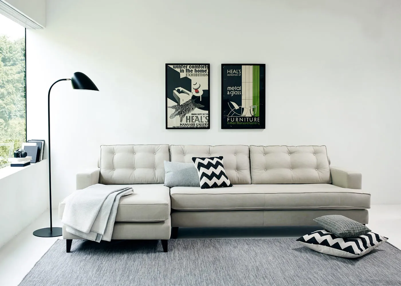L-Shaped Corner Sofa with Chaise - Green, Boucle
