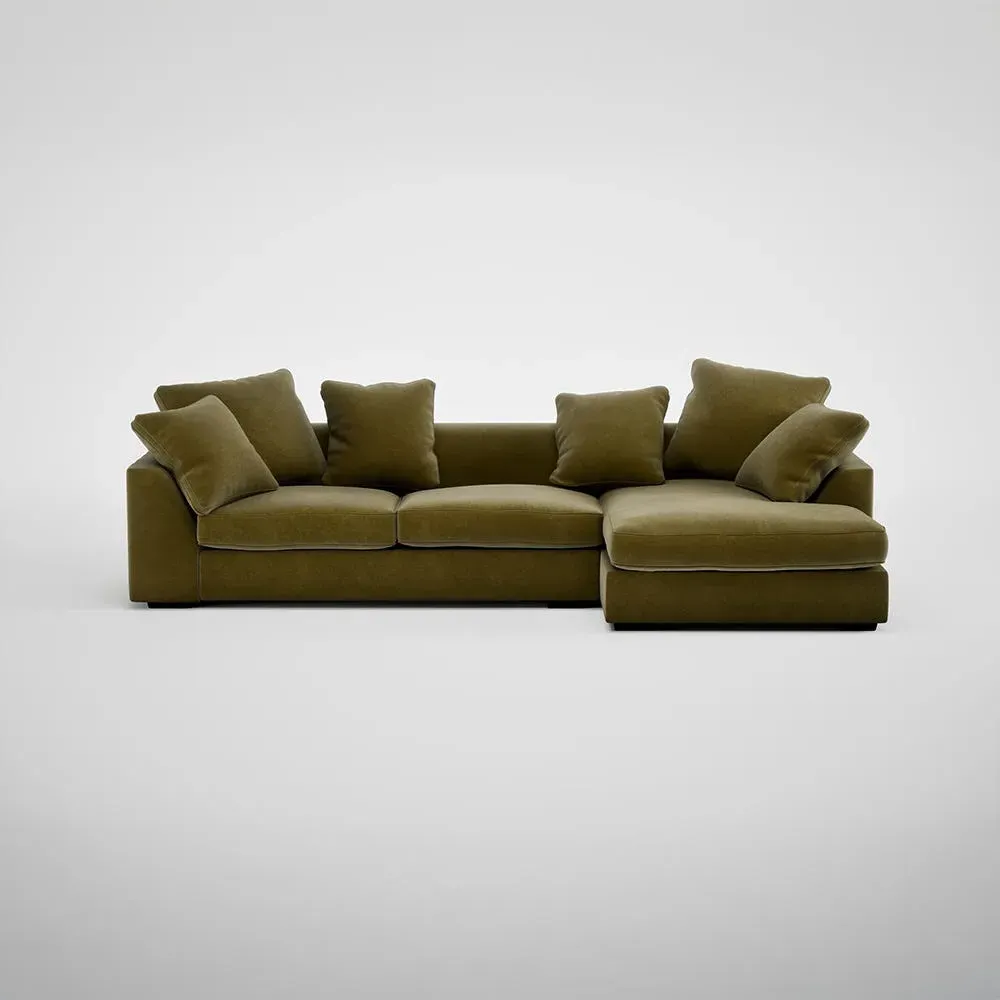 L-Shaped Corner Sofa with Chaise - Green, Velvet