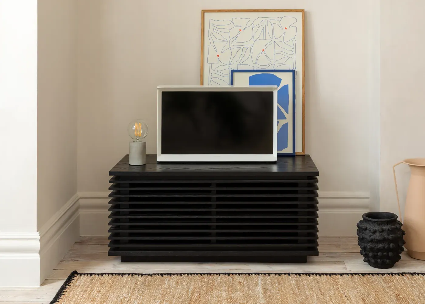 Narrow AV Unit with Slatted Front - Oak, Wood