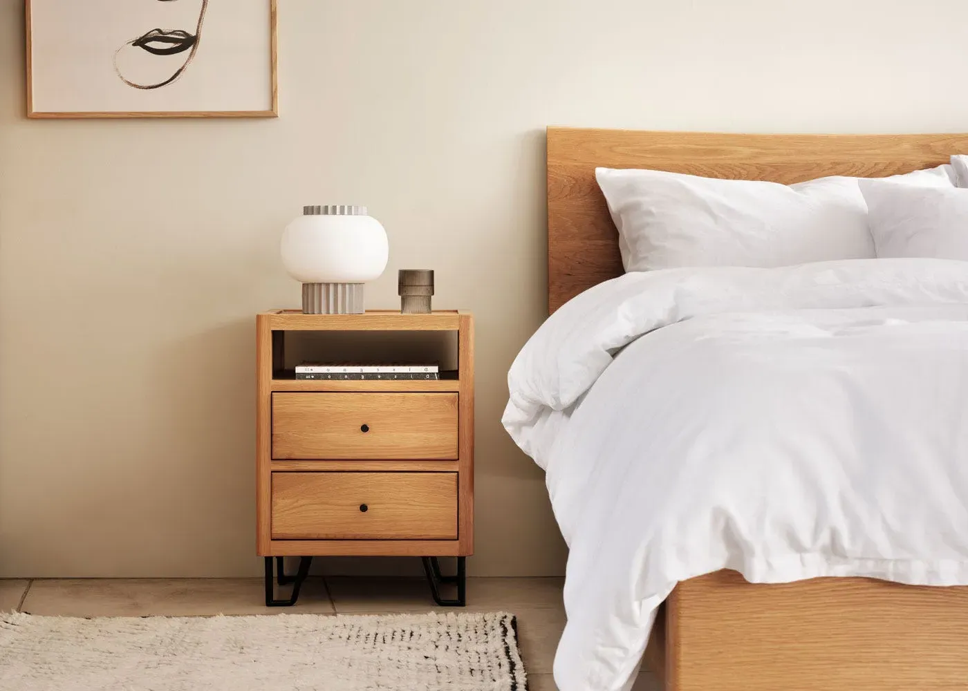 Rectangular Bedside Table with Drawers - Oak