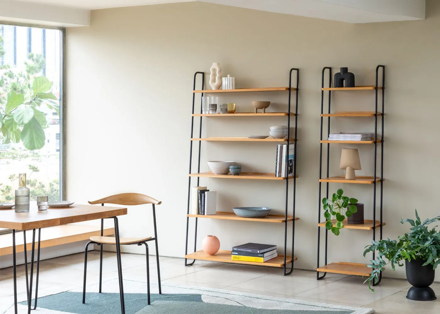 Wide Lean-To Shelves with Metal Struts - Oak