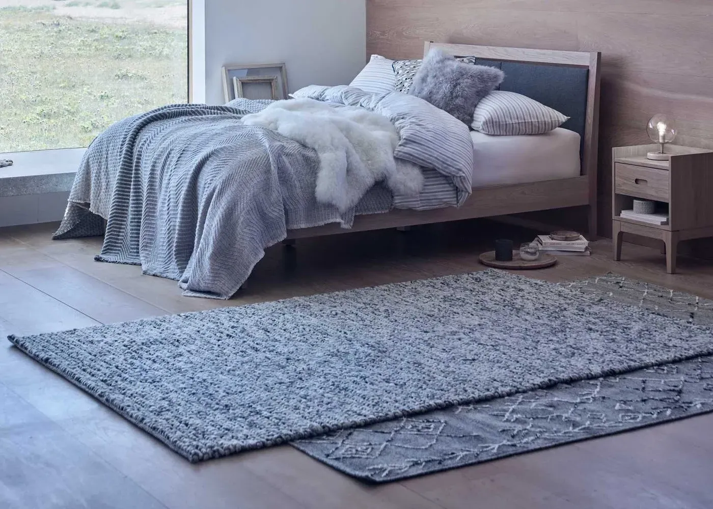 Handwoven Rug with Textured Design - Grey, Wool