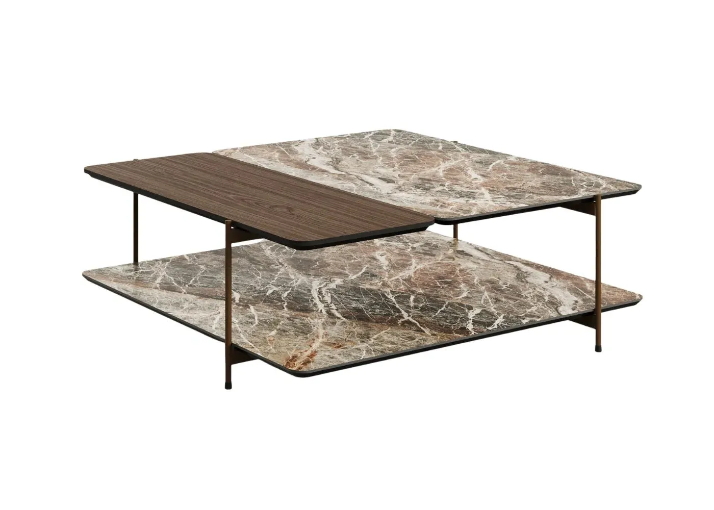 Square Coffee Table Double Level - Bronze, Walnut