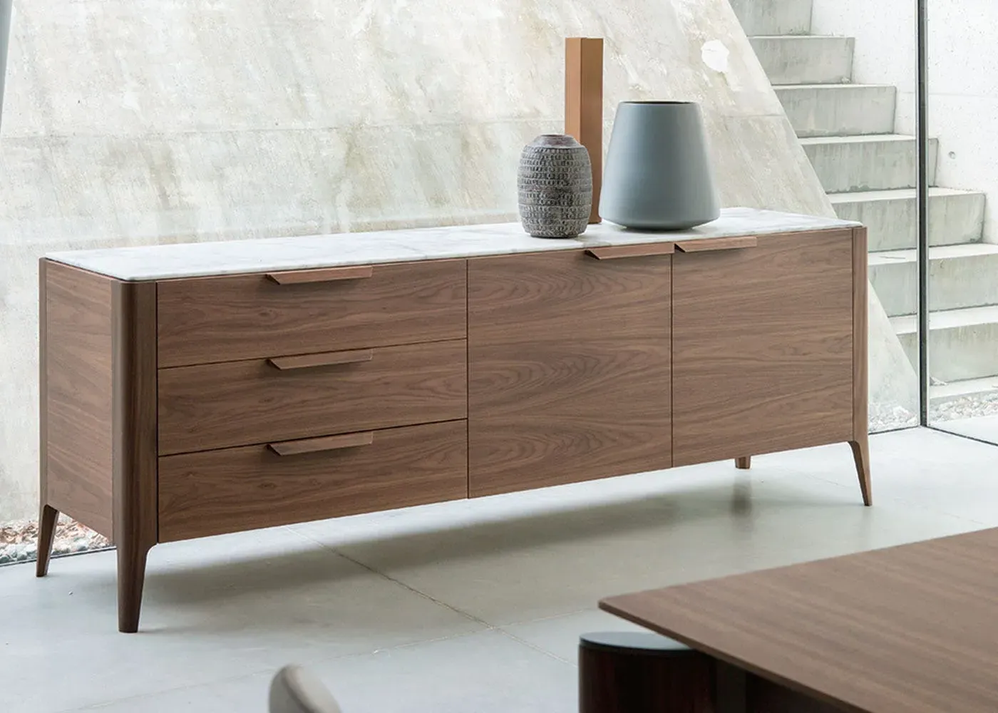 3-Door Sideboard with Drawers - Walnut, Marble