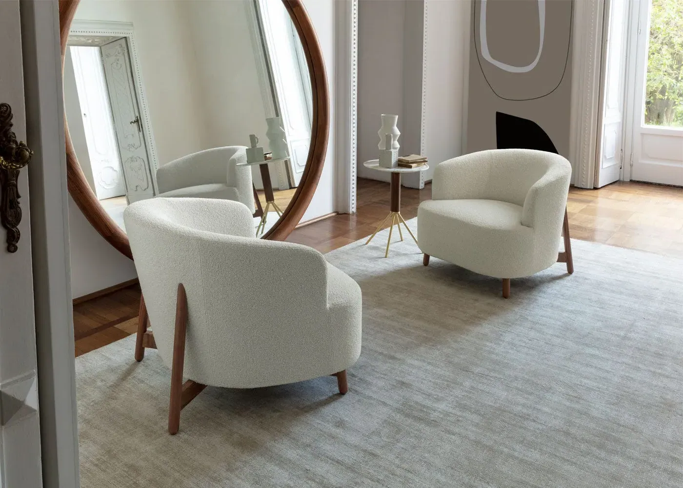 Lounge Chair with Walnut Base - Cream, Bouclé