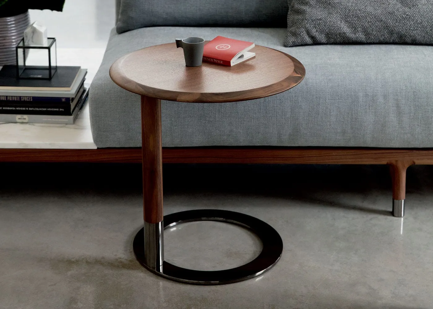 Round Side Table - Walnut, Brass Base