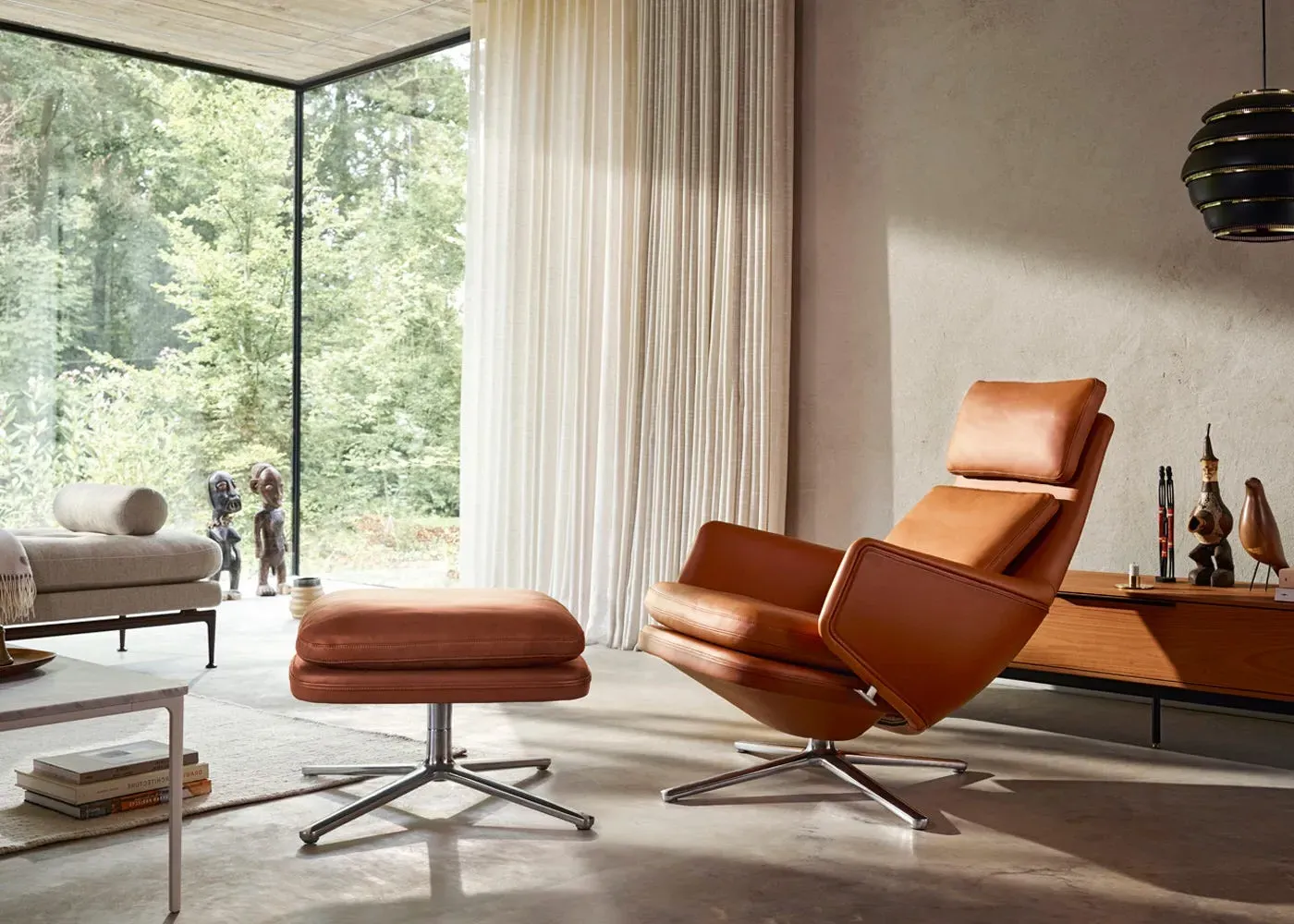 Ottoman with Polished Base - Brown, Leather