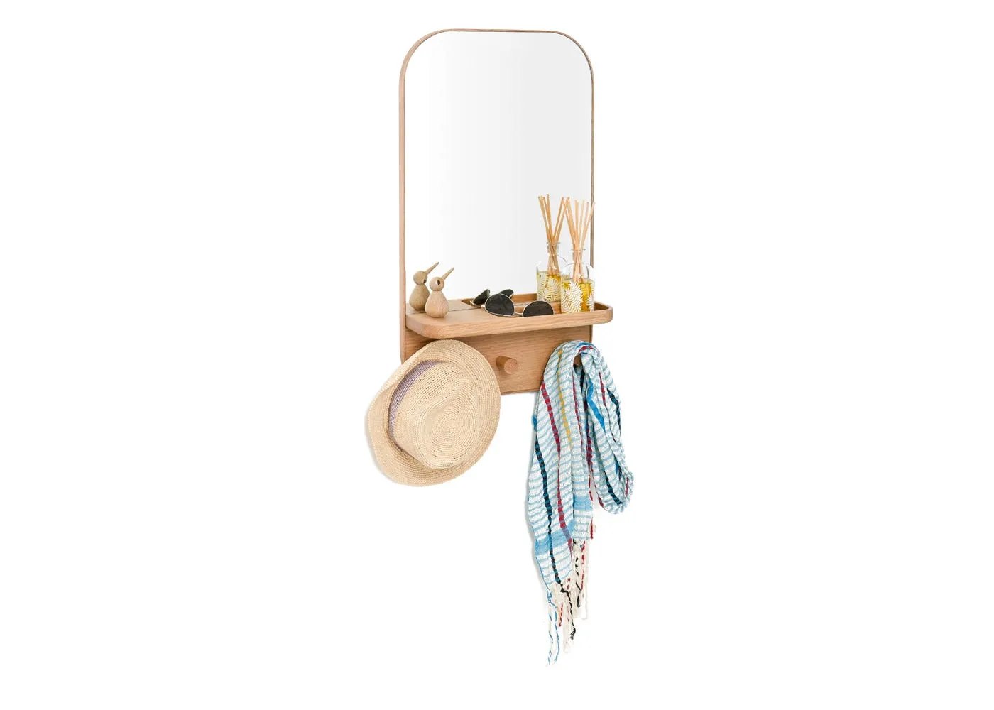 Storage Mirror with Hooks - Light Wood, Oak image