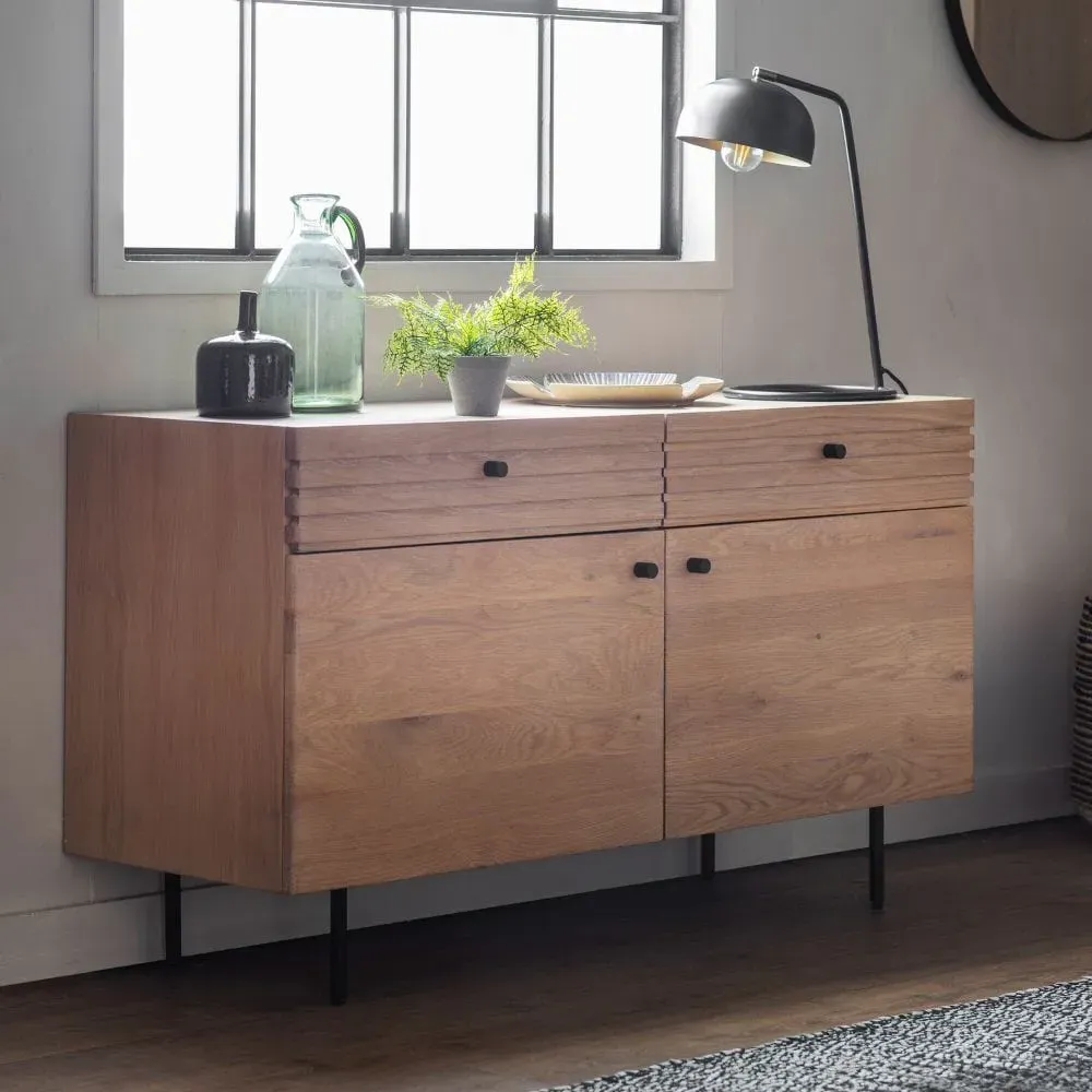 2-Door Sideboard with Drawers - Oak, Solid Wood image