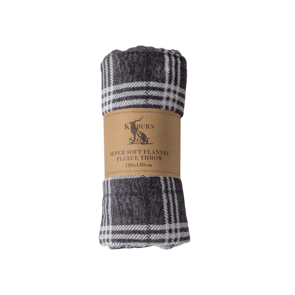 Checked Fleece Blanket - Grey, Flannel
