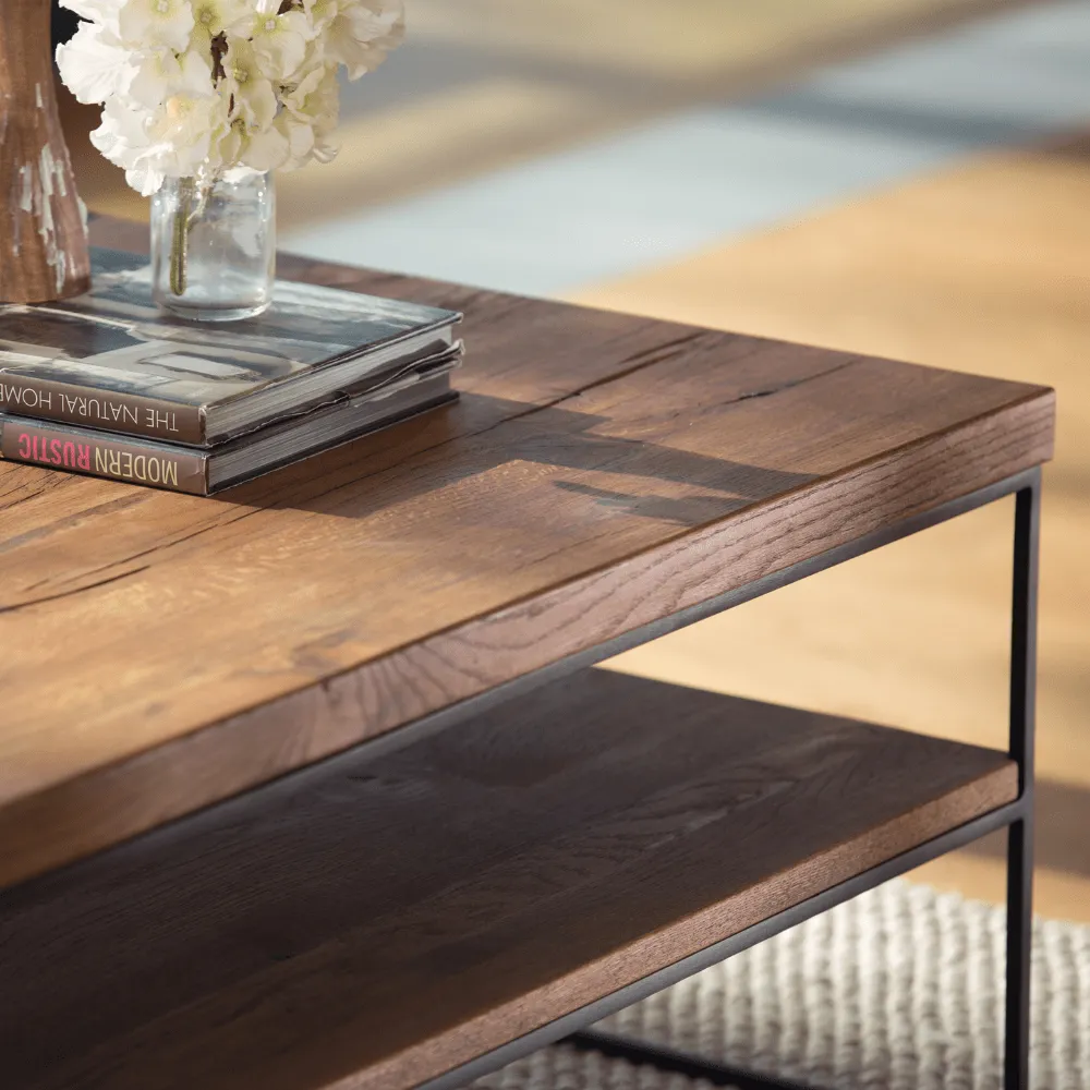 Coffee Table with Steel Legs - Oak, Solid Wood