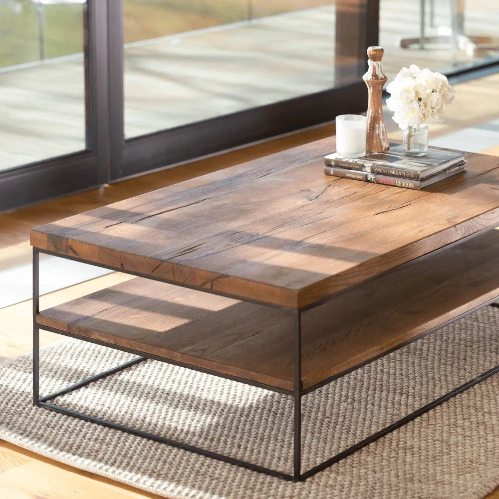 Coffee Table with Steel Legs - Oak, Solid Wood image