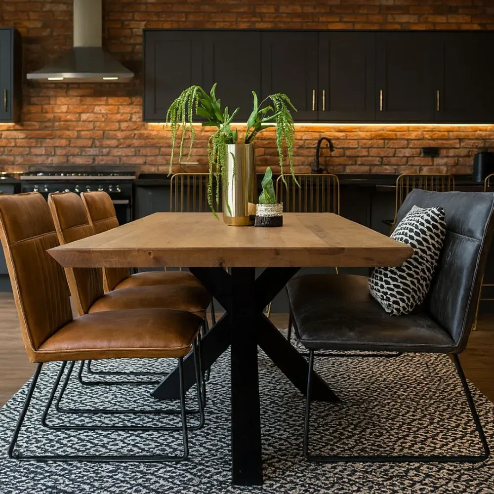 Dining Table with Steel Legs - Oak, Solid Wood image