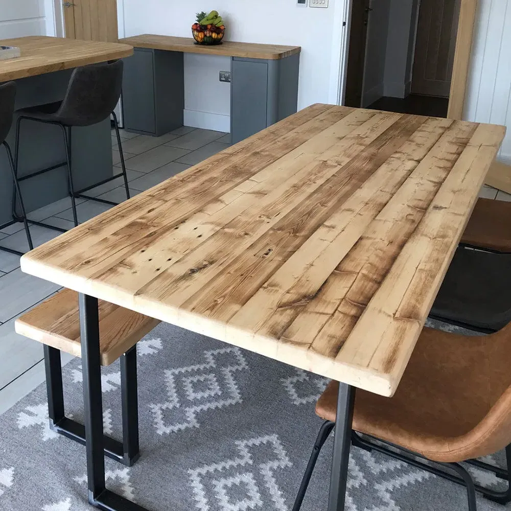 Industrial Dining Table with U Frame - Driftwood