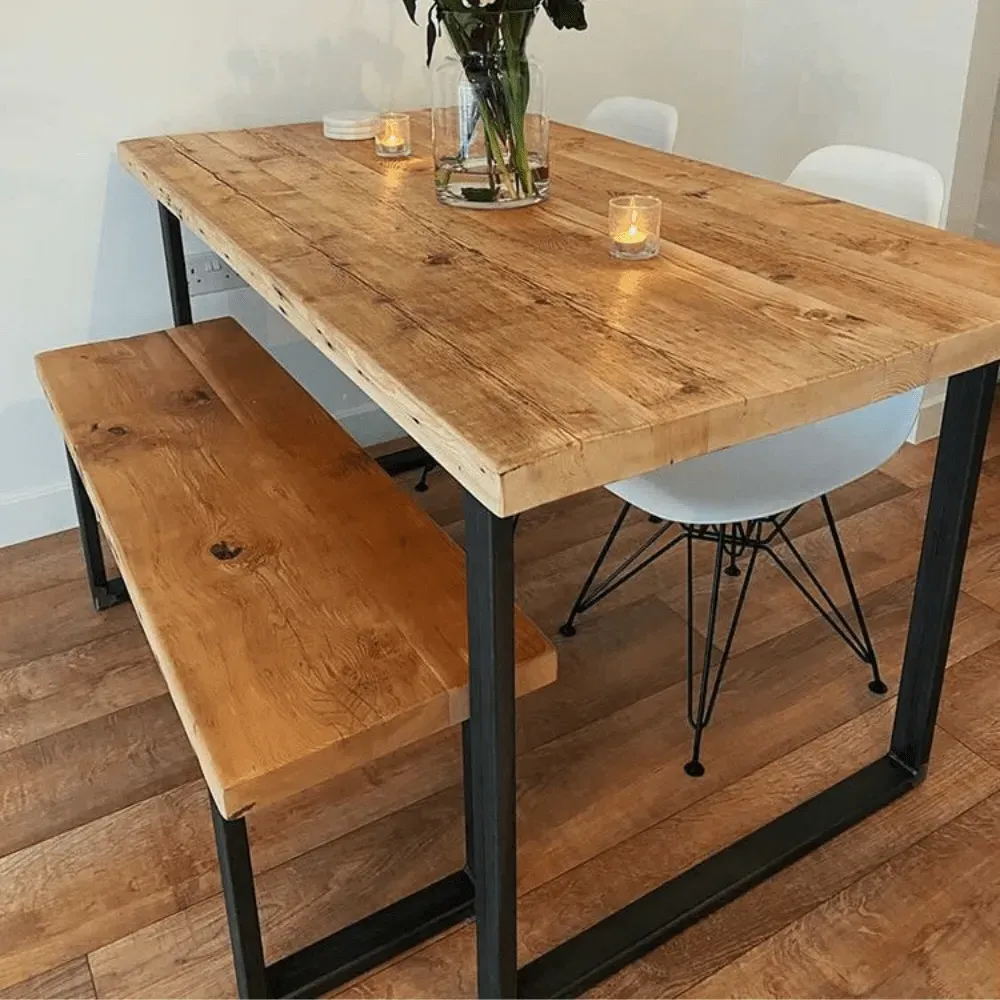 Industrial Dining Table with U Frame - Light Driftwood